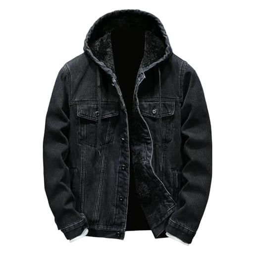 Generic giacca di jeans da uomo foderata in pile giacche di jeans con cappuccio a maniche lunghe button down cappotti invernali casual caldi capispalla vestiti, giacca denim nero uomo, l