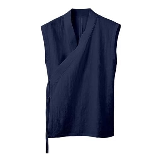 Bauzuoyo giacca tradizionale da uomo senza maniche kimono giapponese con lacci cotone lino cinese hanfu tang abito con apertura frontale yukata comodo e traspirante, cachi, l