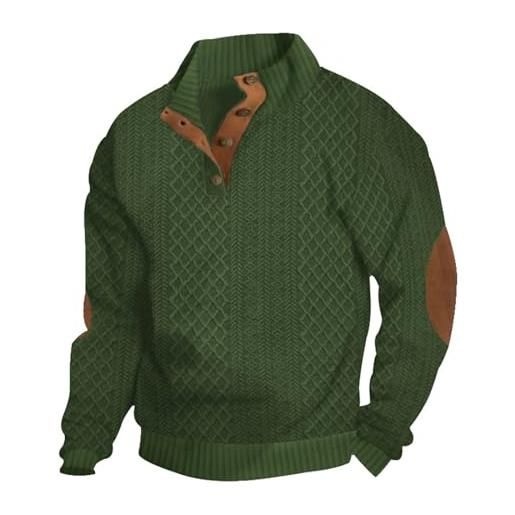 Generic felpa casual da uomo in velluto a coste, maglione da uomo con toppe sui gomiti, felpa con stampa alla moda con bottoni quater, verde militare, 3xl