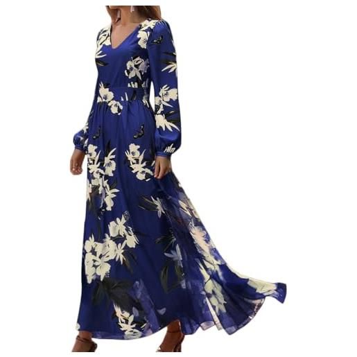 Onsoyours abito maxi donna scollo a v vestiti lungo stampa floreale vita alta cerimonia vestito elegante manica lunga curvy swing spiaggia abiti casual autunno a blu 3xl