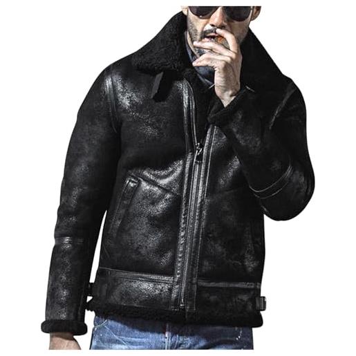 HAOLEI giacche in pelle da uomo colletto con risvolto a maniche lunghe imbottito aviatore bomber cappotto in finta pelle di montone vintage spesso cappotto taglie forti giacca invernale cappotti in ecopelle