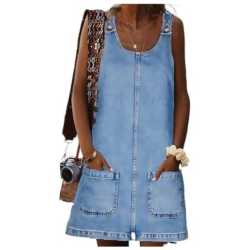 SUIUOI abito corto da donna, slim fit, in denim, con scollo a u, senza maniche, linea ad a, abito estivo casual, azzurro, s