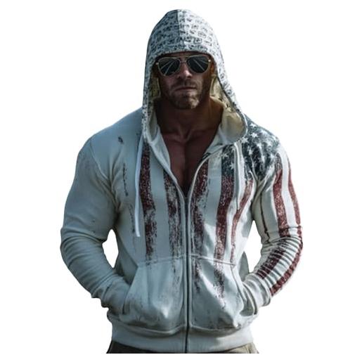 Generic felpe con cappuccio da uomo con cerniera completa con zip giacche vintage con stampa bandiera americana vestiti a maniche lunghe con tasca, z01-bianco, xl