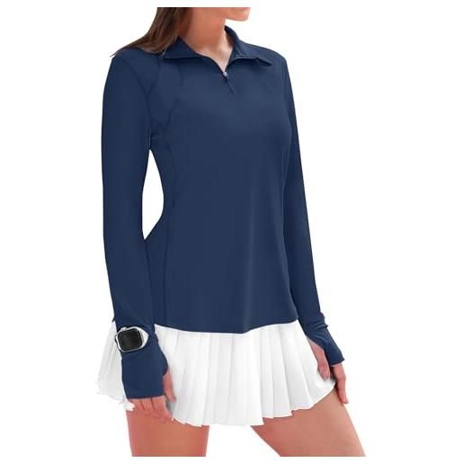 IECCP - magliette da donna a maniche lunghe per golf, protezione solare, con zip 1/4, pullover estivo, ad asciugatura rapida, per atletica, escursionismo, corsa e allenamento, blu navy, xl