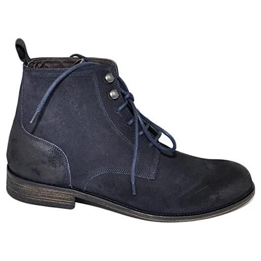 Malu Shoes anfibi stivali uomo n02 ls luisantiago vera pelle scamosciata blu spazzolato ganci antracite suola cuoio retro' dandy (42 eu)