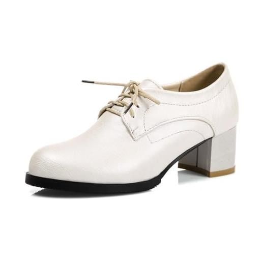 SMAALEB scarpe oxford con lacci e tacco in pelle nera per donna classiche scarpe da abito con tacco blocco per lavoro décolleté comfortevoli con punta rotonda, bianca, 37 eu