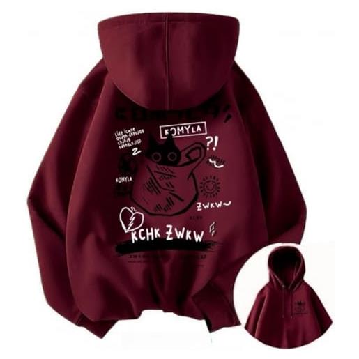 WEIYIYUNMAO felpa con cappuccio oversize in stile giapponese con simpatico gatto per uomini e donne, felpa con cappuccio in pile ispessito anti-pelucchi per autunno e inverno, xs-3xl, rosso vinaccia