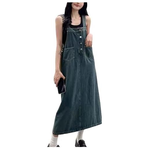 Yishengwan donna lunga vestito salopette jeans larghi gonna denim vestiti overall taglia grande con tasche blu denim 5xl