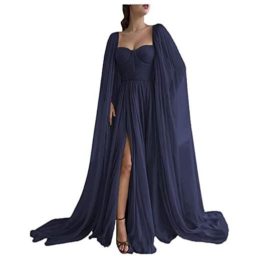 KURFACE chiffon abito di sfera manica del capo abiti formali in fessura pieghettato abiti da ballo con tasche abito da sera lungo per le donne, blu navy, 46