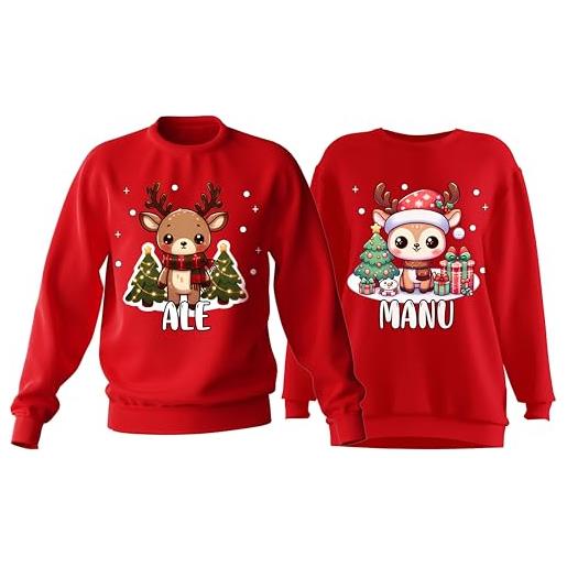 t-shirteria coppia felpe natalizie girocollo con nomi personalizzabili uomo, donna, bambino, felpa natale rossa in cotone, simpatica idea regalo (renne, renna, animali simpatici)