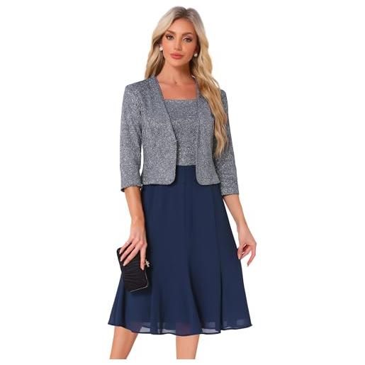 Allegra K donna tailleur con abito eleganti, giacca con paillettes e vestiti fluidi a trapezio con stampa 2 pezzi a contrasto blu scuro s