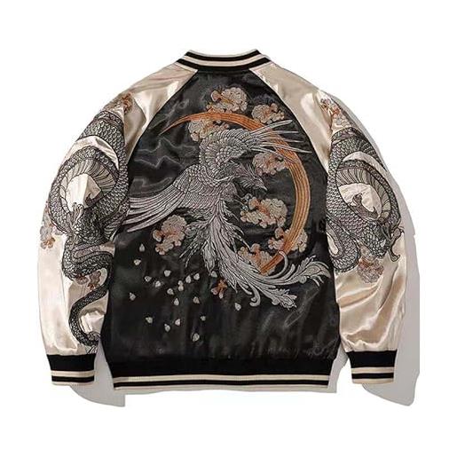 USTZFTBCL sukajan crane - giacca da baseball con ricamo a doppia faccia in raso, stile harajuku, nero , l