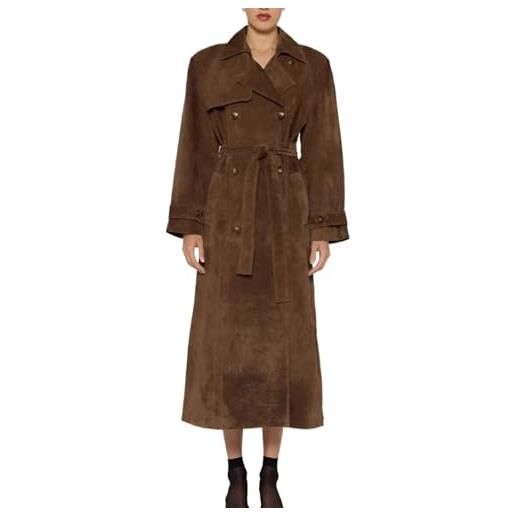 Goolecrimp trench lungo da donna in pelle scamosciata doppiopetto classico retrò elegante primaverile e autunnale cappotto casual da lavoro ampio e alla moda da festa (caffè, s)