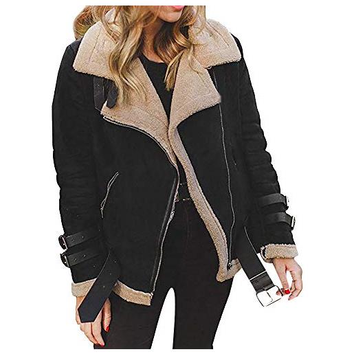 IQYU cappotto in pile teddy da donna: giacca invernale da donna, in pile caldo, per autunno e inverno, da motociclista, a maniche lunghe, effetto pelle scamosciata, giacca in similpelle, giacca bomber