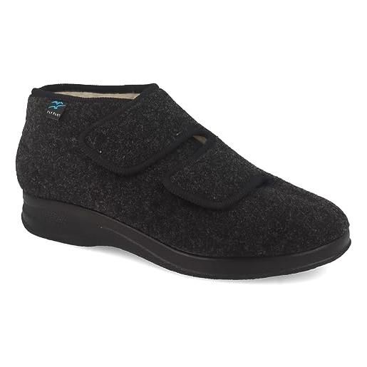 Fly Flot | full slipper man, pantofole uomo con strappo regolabile, sottopiede e tomaia in vera lana, nero, 44
