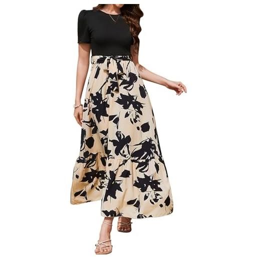 YloveM abito estivo donna elegante curvy con manica corta vestito lungo estivo donna a-line con stampa floreale casual vestiti estivi donna vita alta bohémien da spiaggia albicocca scuro l