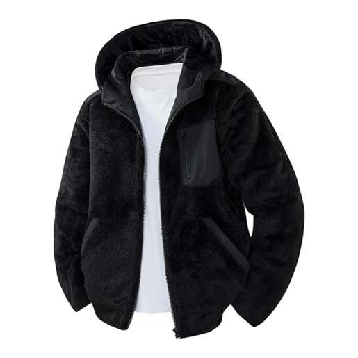 Generisch giacca in pile teddy da uomo con cappuccio e tasche a contrasto, morbida giacca di peluche per autunno e inverno | calda giacca sherpa in stile outdoor, stil_x01 nero, l