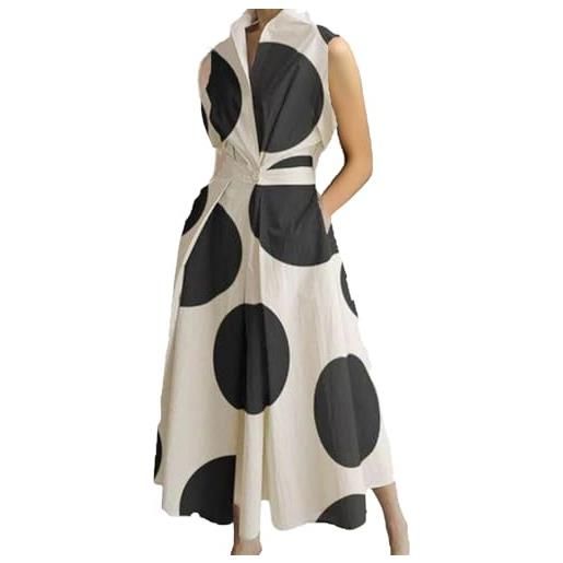 DSAoTeng abito estivo da donna in cotone con scollo a v e bottoni, abito da donna a maniche lunghe, abito a trapezio a vita alta, a pieghe e con risvolto per ufficio, spiaggia, piselli rosa/bianco, xs