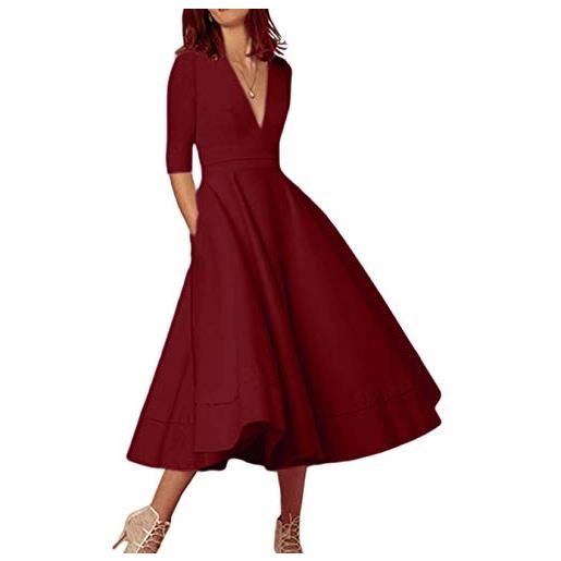 ORANDESIGNE donna vestiti lunghi da matrimonio elegante collo v vestito a pieghe skater cocktail abito maniche 3/4 maxi damigella sera cerimonia primavera vino rosso 46