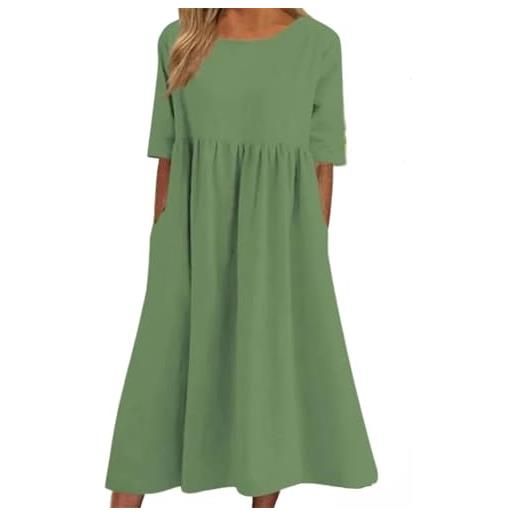 Generic abito da donna casual basic outdoor girocollo tasca in cotone smock, abito midi a mezza manica sciolto in lino per le donne, verde chiaro, xl