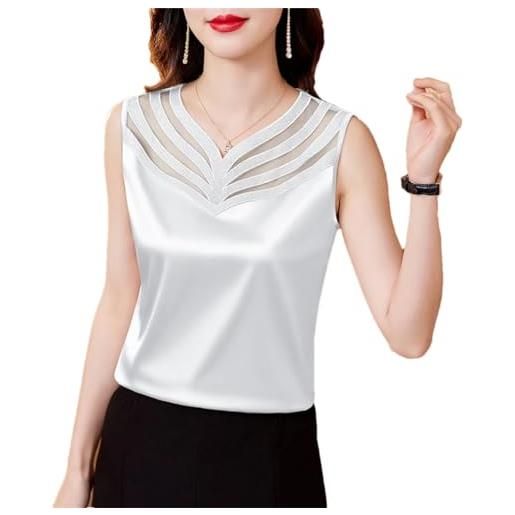 Wvapzxx camisole da donna estive con scollo a v in raso di seta camicetta patchwork pizzo top, bianco, l