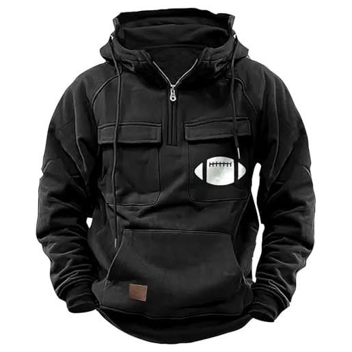 Generic felpa invernale da uomo foderata in pile con cappuccio - felpa termica in velluto ispessito, pesante giacca cargo resistente al freddo con cerniera e tasca con coulisse, nero , 3xl