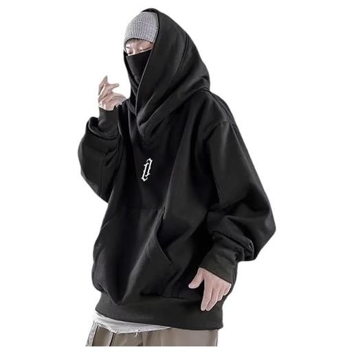 LIXQQS felpa con cappuccio oversize y2k unisex collo alto stile ninja con bottoni laterali e ricamo sottile techwear giapponese alla moda per uomini e donne streetwear hip hop(black-1, xxl)