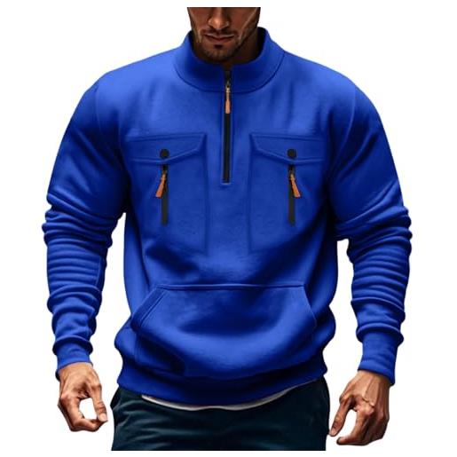 Generisch felpa da uomo con zip a 1/4, senza cappuccio, invernale, oversize, con molte tasche, maglione a collo alto, in tinta unita, classica, blu, l