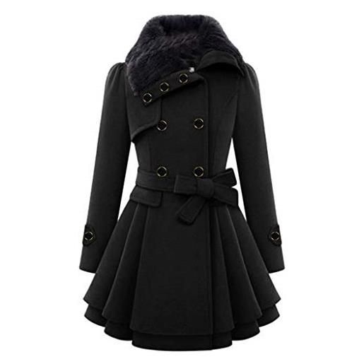IQYU trench - cappotto corto da donna, colore nero, invernale, corto, in lana, classico, elegante, foderato, per le mezze stagioni, con blazer in pelliccia, taglie forti, nero , s