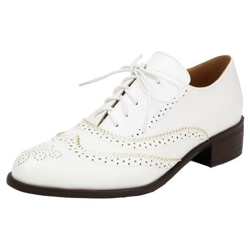 Onewus scarpe vintage oxford da donna con tacco basso e allacciatura, bianco, 38 eu