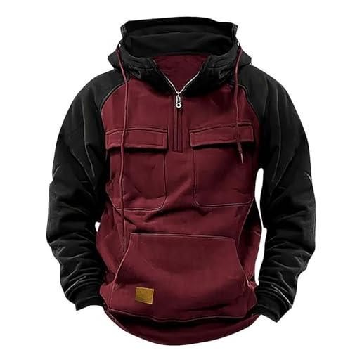 LIEROLYE felpa con cappuccio e zip intera da uomo, hoodie felpa cargo tattica con cerniera, felpa con cappuccio autunno inverno a maniche lunghe con coulisse e tasche(burgundy, m)