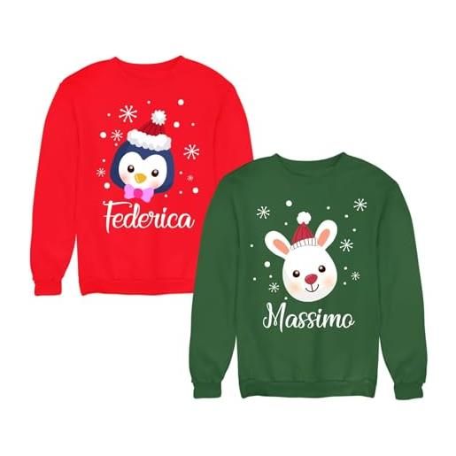Colorfamily coppia felpe natale personalizzabili con nome pinguino e coniglietto iniziale e nome - felpa girocollo lui e lei - maglioni natalizi divertenti