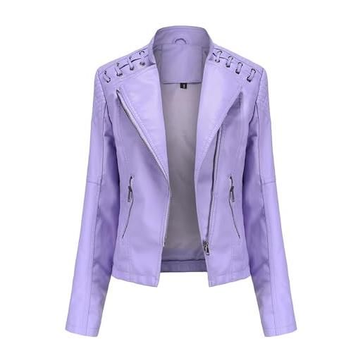 OULIWANGLUO giacca corta da donna in pelle leggera, con collo a risvolto, sottile, in similpelle, primavera, estate, autunno, giacca da motociclista, lilla, m