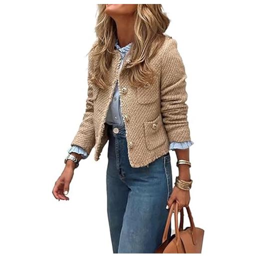 FYHTC blazer da donna moda autunnale giacca corta in tweed elegante aperta davanti casual da ufficio blazer(white, medium)