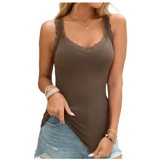 MS.ING canotta in pizzo da donna con scollo a v e cinturino largo morbido a costine con bordo in pizzo, marrone, m