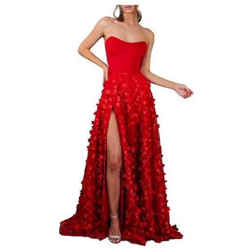 BOTCAM abito da sposa da donna, elegante, lungo, in tulle, formale, da sera, con scollo rotondo, con stampa floreale 3d, in tulle, colore: rosso, m