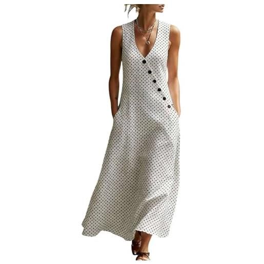 Generico abito lino donna estivo elegante vestiti lungo scollo a v con bottoni asimmetrici pois boho chic vestito prendisole senza maniche a-line leggero maxi abito con taschen taglie forti vacanza (05d, xxl)