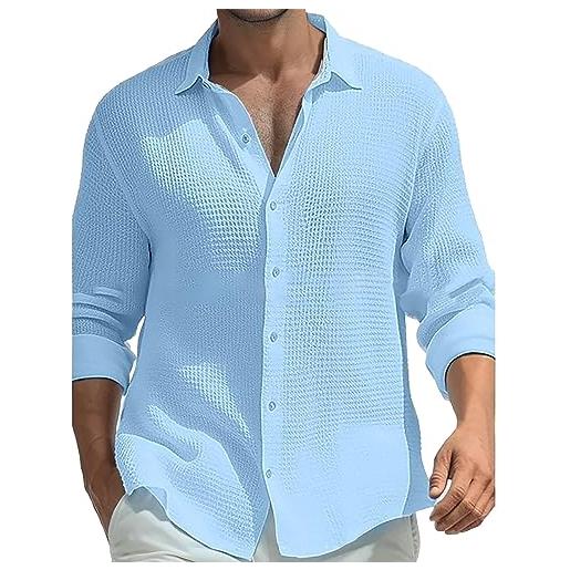 BELLIDONNA uomo camicia a nido d'ape manica lunga henley shirt risvolto casual hawaii in tinta unita con tasche traspirante maglietta t-shirt da uomo per interni spiaggia hippie per mare vacanza, ufficio