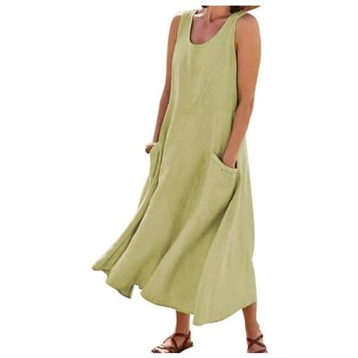 FEATEFACE abito lungo estivo da donna, in cotone e lino, senza maniche, elegante, con tasche, taglie forti, comodo e largo, matcha, xl