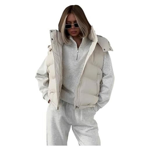 PZUYBZQ gilet piumino da donna corto con cappuccio, gilet imbottito leggero senza maniche con collo alto e cerniera, giacca imbottita in piumino(beige, m)