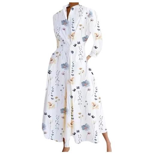 OMZIN manica lunga a v maxi abito camicia per le donne a-line autunno stampa floreale abiti floreale bianco blu m