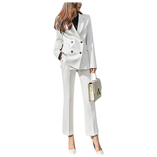 ORANDESIGNE tailleur donna pantaloni e giacca elegante blazer elegante completo tinta unita maniche lunghe reverse due pezzi tuta business ol formale per ufficio c-bianco m