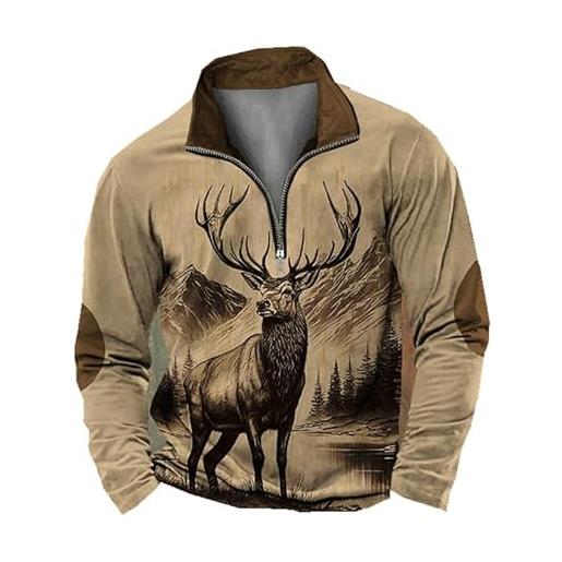 famesale felpa da uomo per la caccia al cervo pullover a manica lunga con mezza zip con motivi animali moda vintage distressed outdoor street top