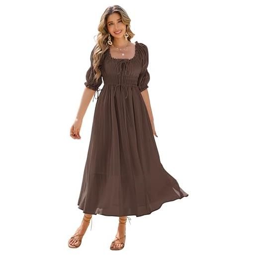 R.Vivimos donna boho estate quadrato collo midi abito doppio puff manica elastica vita una linea abito cottagecore(xl, brown)