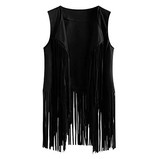 AruMinna gilet da donna con frange in tinta unita con frange top aperto sul davanti senza maniche gilet giacca y2k hippie gilet gilet con nappe in finta pelle scamosciata rivetti senza maniche, nero