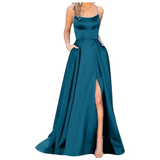 OMZIN donna raso vita impero damigella d'onore spaghetti strap dress con tasche lungo collo rotondo maxi dress turchese m