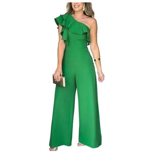 GHAKKE tute da donna sexy con volant monospalla eleganti pantaloni lunghi da cocktail a gamba larga a vita alta in tinta unita formale jumpsuits (color: green, size: s)