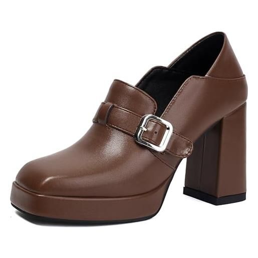LarDorLin cordoncino tacco a blocco donna square toe oxford derby classico plateau pumps ufficio lavoro formal loafer chunky marrone numero 44 eu (46 cn)