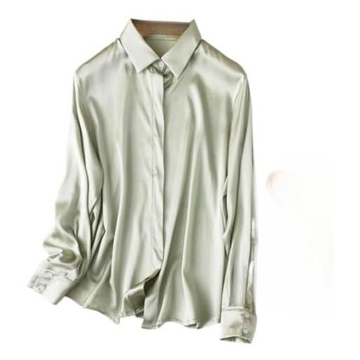 Yihuaqun camicie da donna in seta mulbery ol silk elastin crepe satin semplice a maniche lunghe colletto quadrato camicia primavera e autunno, verde chiaro, l