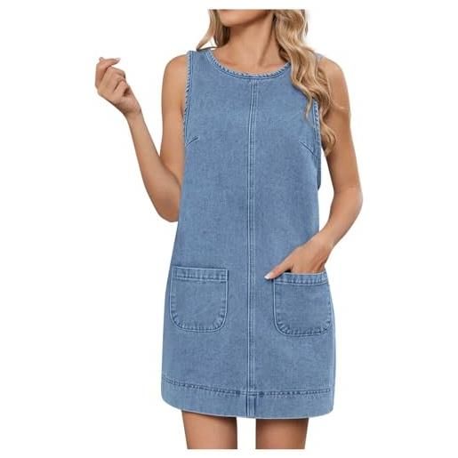 BFSWL abito in jeans da donna, senza maniche, con schiena scoperta, per il tempo libero, girocollo, estivo, in tinta unita, estivo, in denim, alla moda, con tasche, per il tempo libero, blu, s